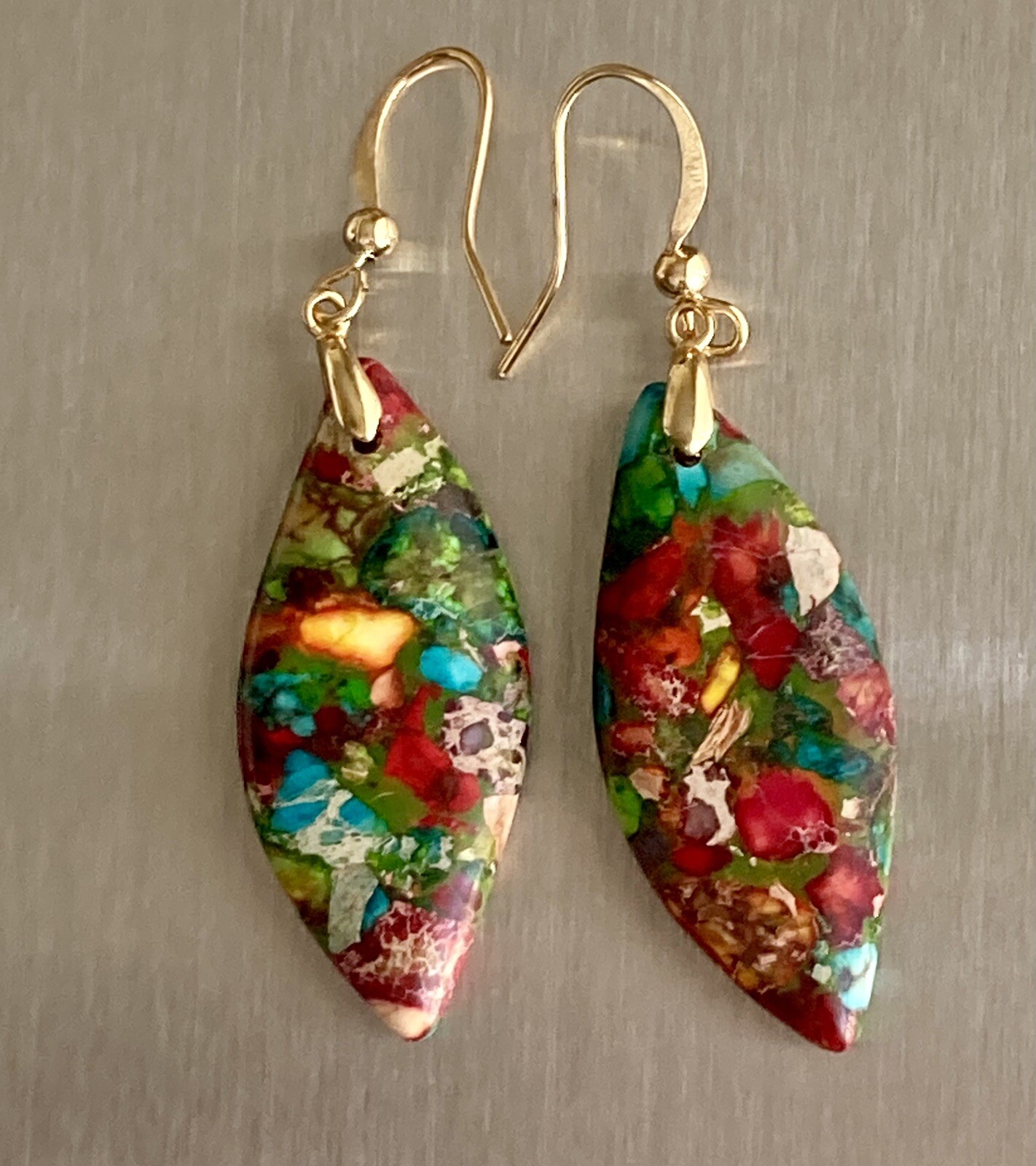 Jasper Stone Natural Imperial Leaf Dangle Drop Multicolor Earrings 7.71g Ladies