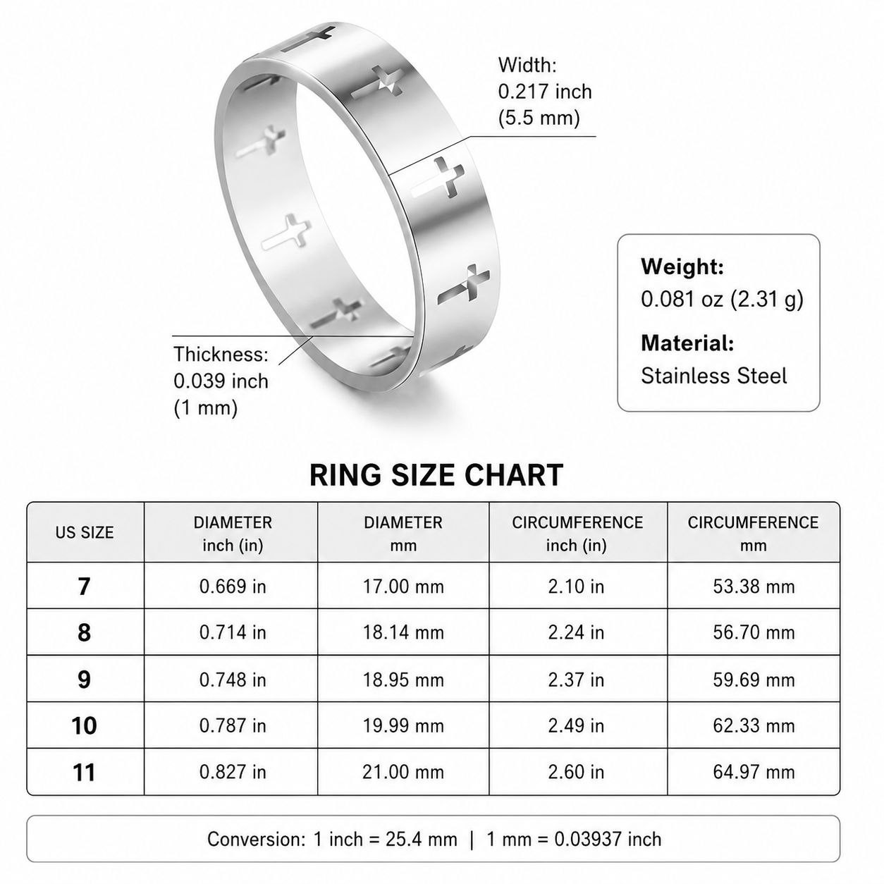 Cross Cut Out Stainless Steel Ring Men Women Christian Band Gold Silver Black