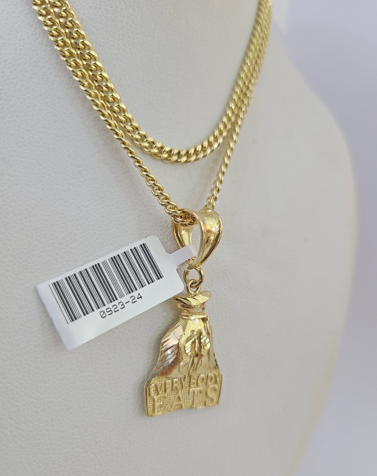 10K Gold Miami Cuban Chain Everybody Eats 18″-28″ 3mm Pendant Necklace SET Charm