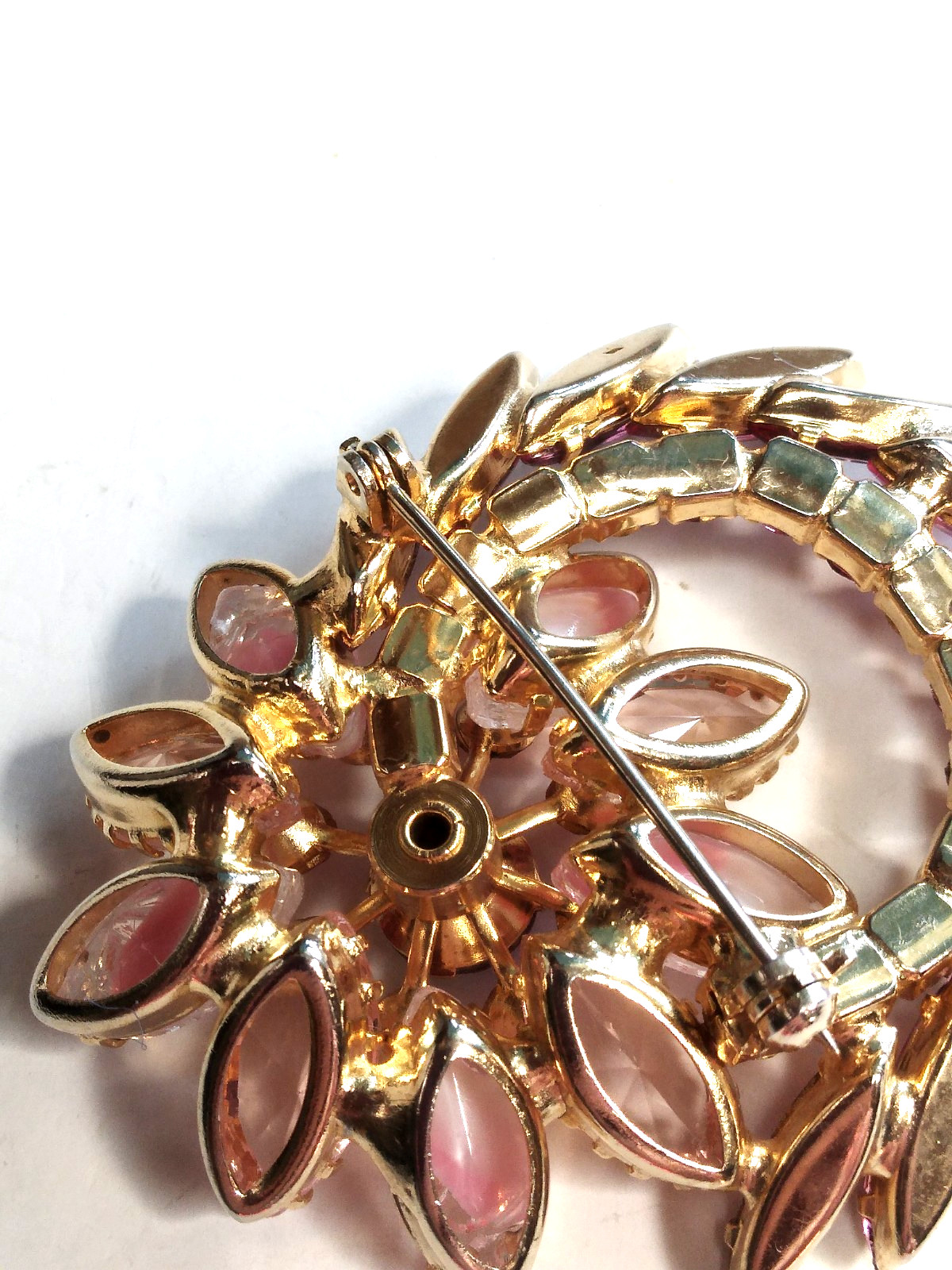 Juliana Pink Brooch Givre Lava Glass Dark Pink Navetts Gold Tone Rivet Prong Set