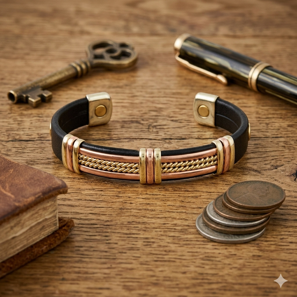 Solid Copper Leather Wrapped Magnetic Bracelet Arthritis Pain Therapy Cuff II