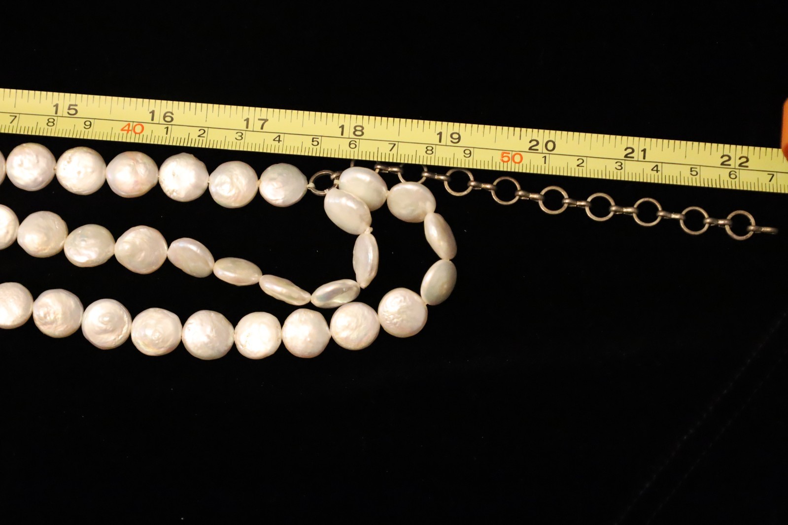 Flat Coin Style 3 Strand Pearl Necklace Approx. 19 Inch W/Pearls Adjusts Longer
