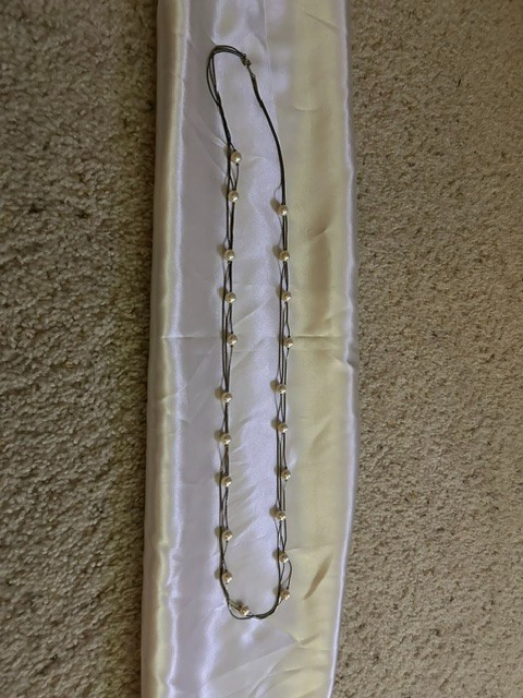 Three Strand Ivory Faux Pearl Long Necklace with Dark Metal Chain