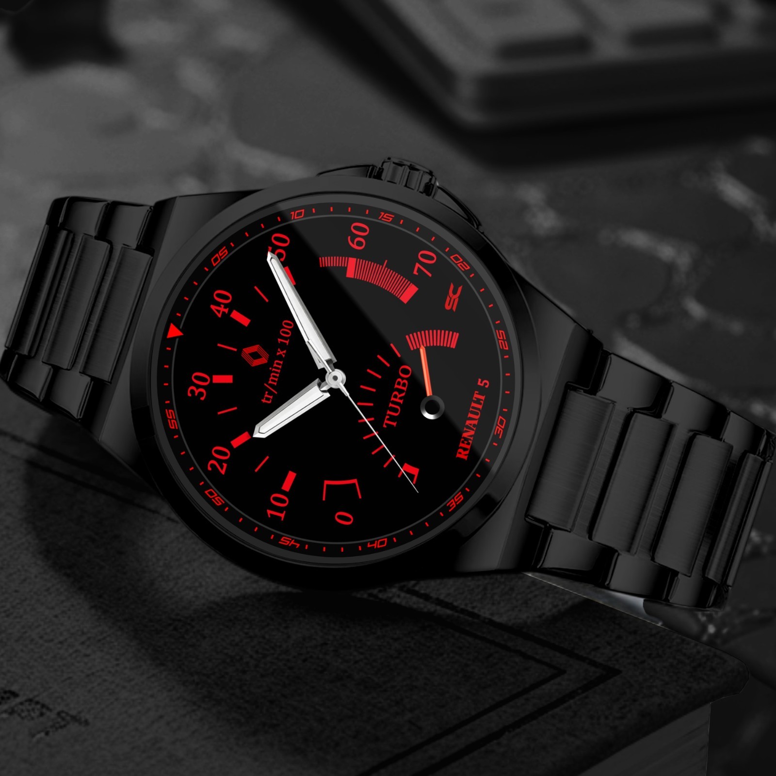 Renault Super 5 GT Turbo Sport Black Steel Tachometer Wrist Watch