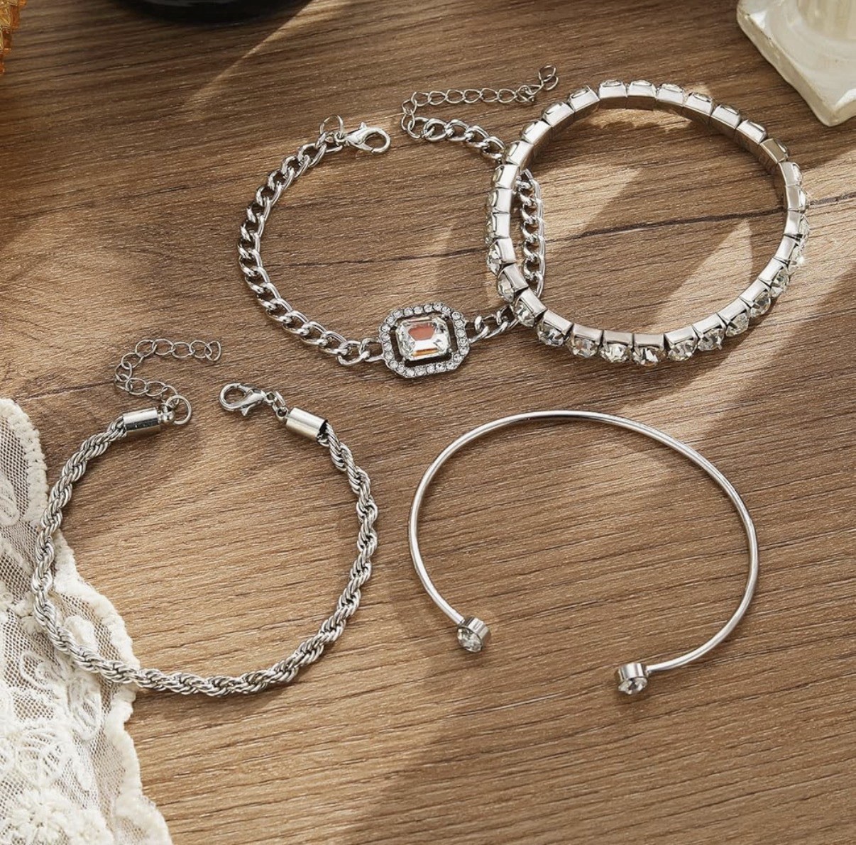 4PCS Dainty Silver Bracelets Set Women 14K Silver Plated CZ Paperclip Link Chain