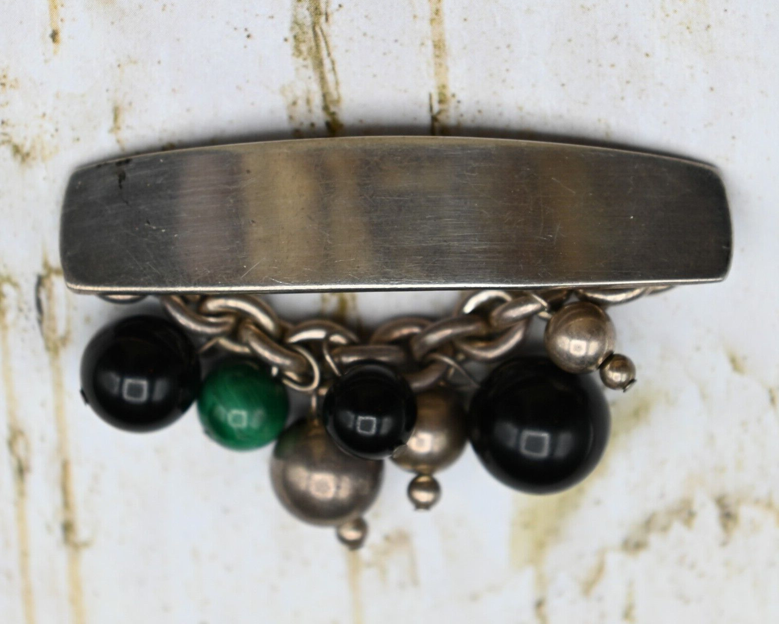 Susan Cummings Malachite Onyx Sterling Silver Bead Bar Dangle Pin Brooch 23.4g