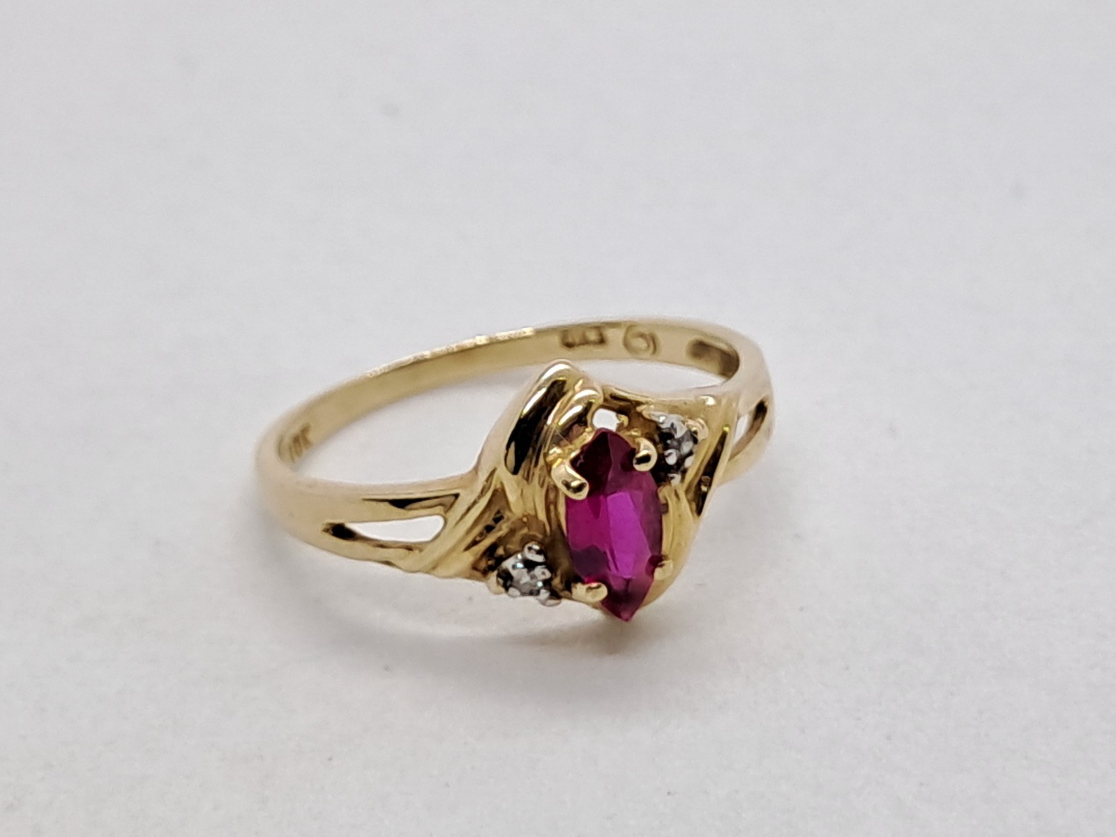 Dainty Victorian Style Marquise Ruby Ring 10K Solid Yellow Gold Natural Diamonds
