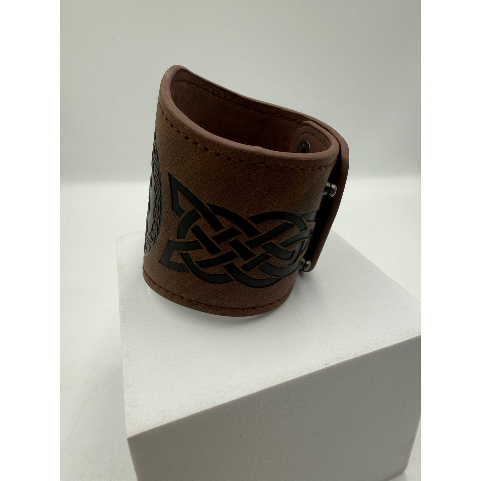 Celtic Tree of Life Leather Cuff Bracelet Brown Viking Norse Knotwork Wide Band
