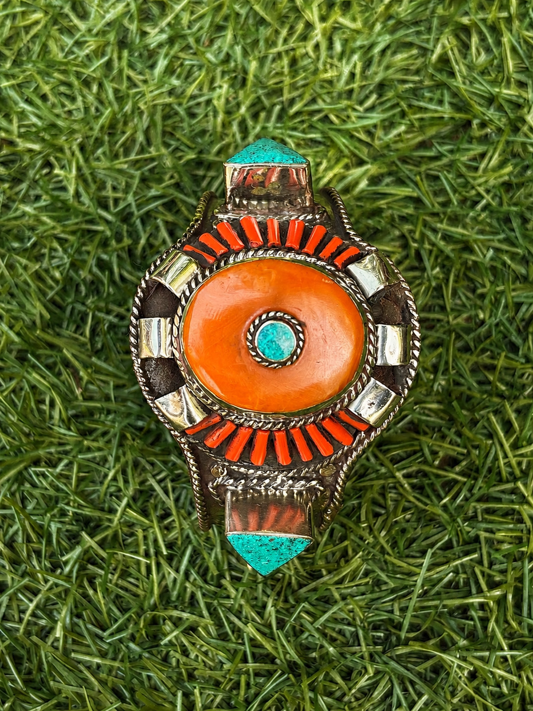 Desert Sun Cuff Turquoise Orange Red Inlay Boho Statement Bracelet Morocco