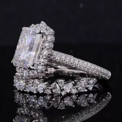 3ct Emerald Cut Moissanite Halo Bridal Set Engagement Ring 14K White Gold Plated
