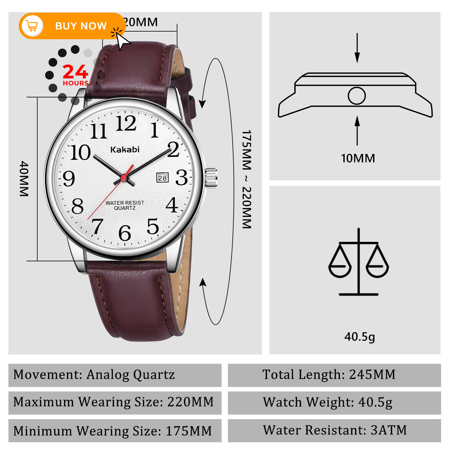 Kakabi Watch for Men, Easy Reader Unisex 03-Reddish-brown/Silver-Tone/White