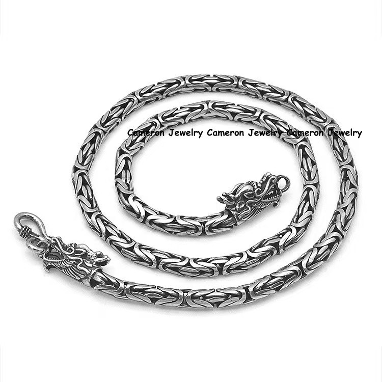 Pure S925 Sterling Silver Chain Dragon Head 5mm Byzantine Link Bracelet 7.1-9in