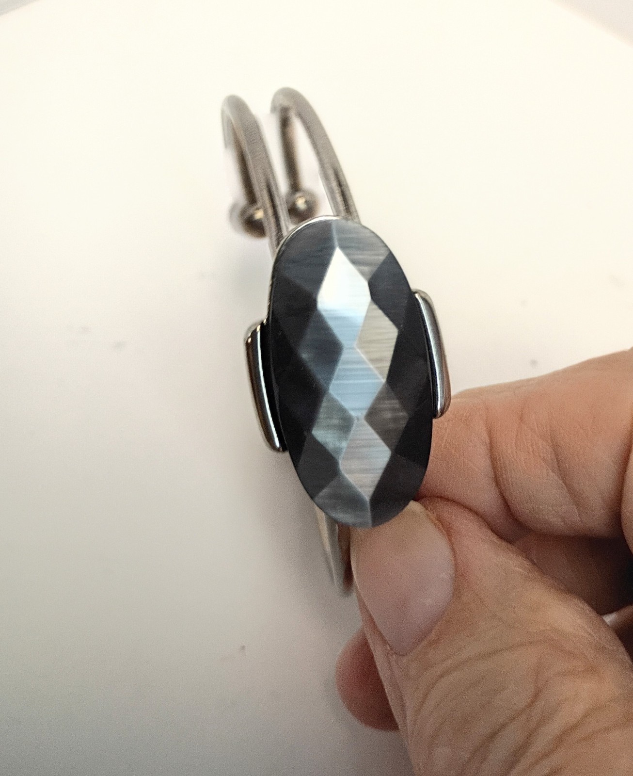 Double Bar Silvertone Bracelet With Dark Faceted Stone