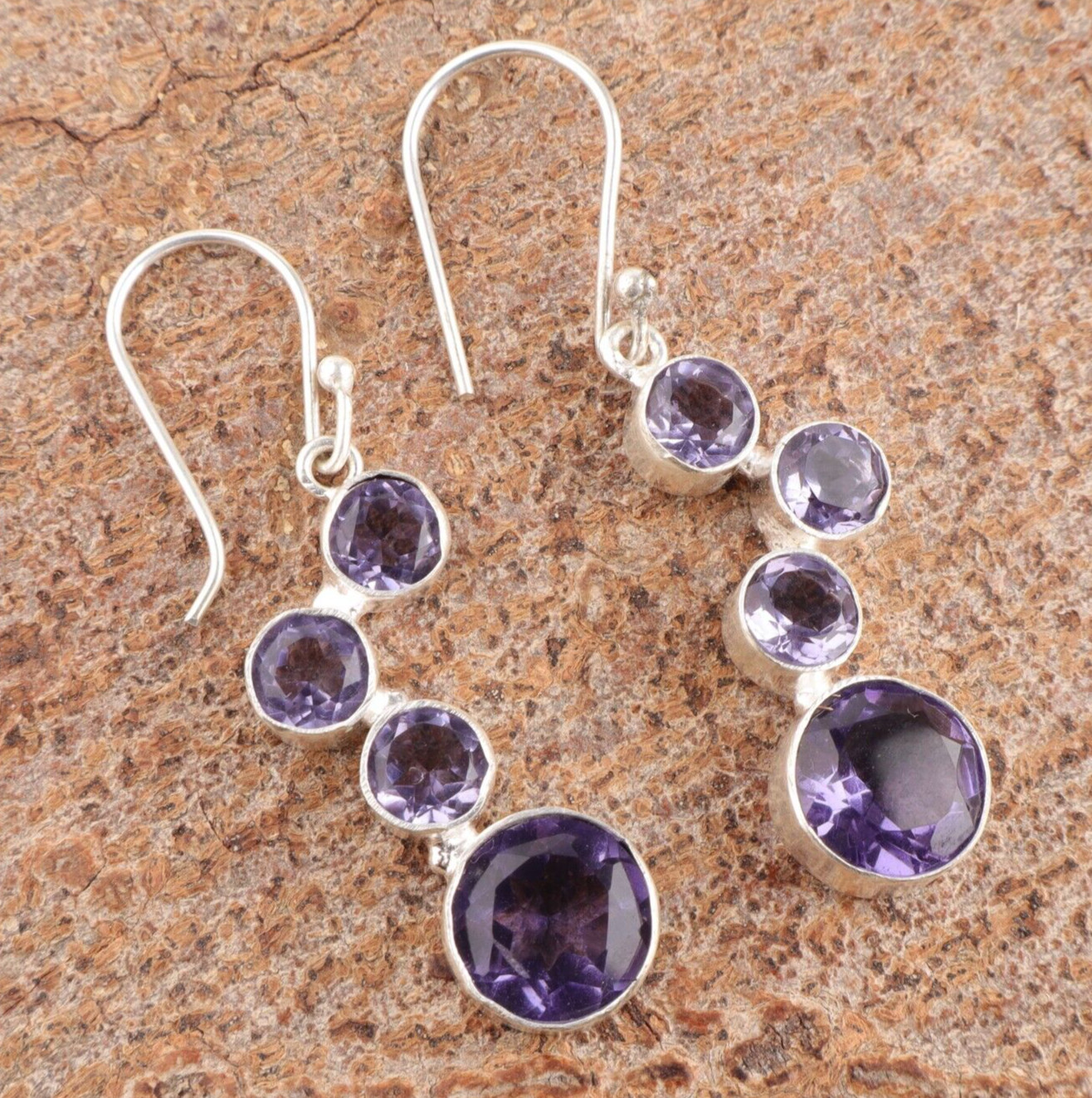 Natural Iolite Round Gemstone 925 Sterling Silver Handmade Dangle Earrings BT