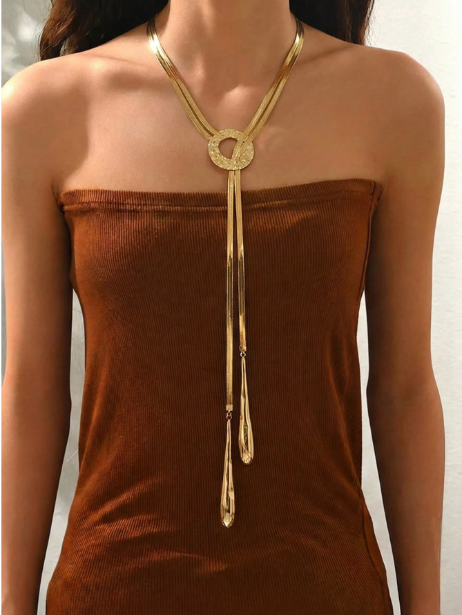Summer Y-Shaped Tassel Necklace Gold Snake Chain Circle Pendant for Women