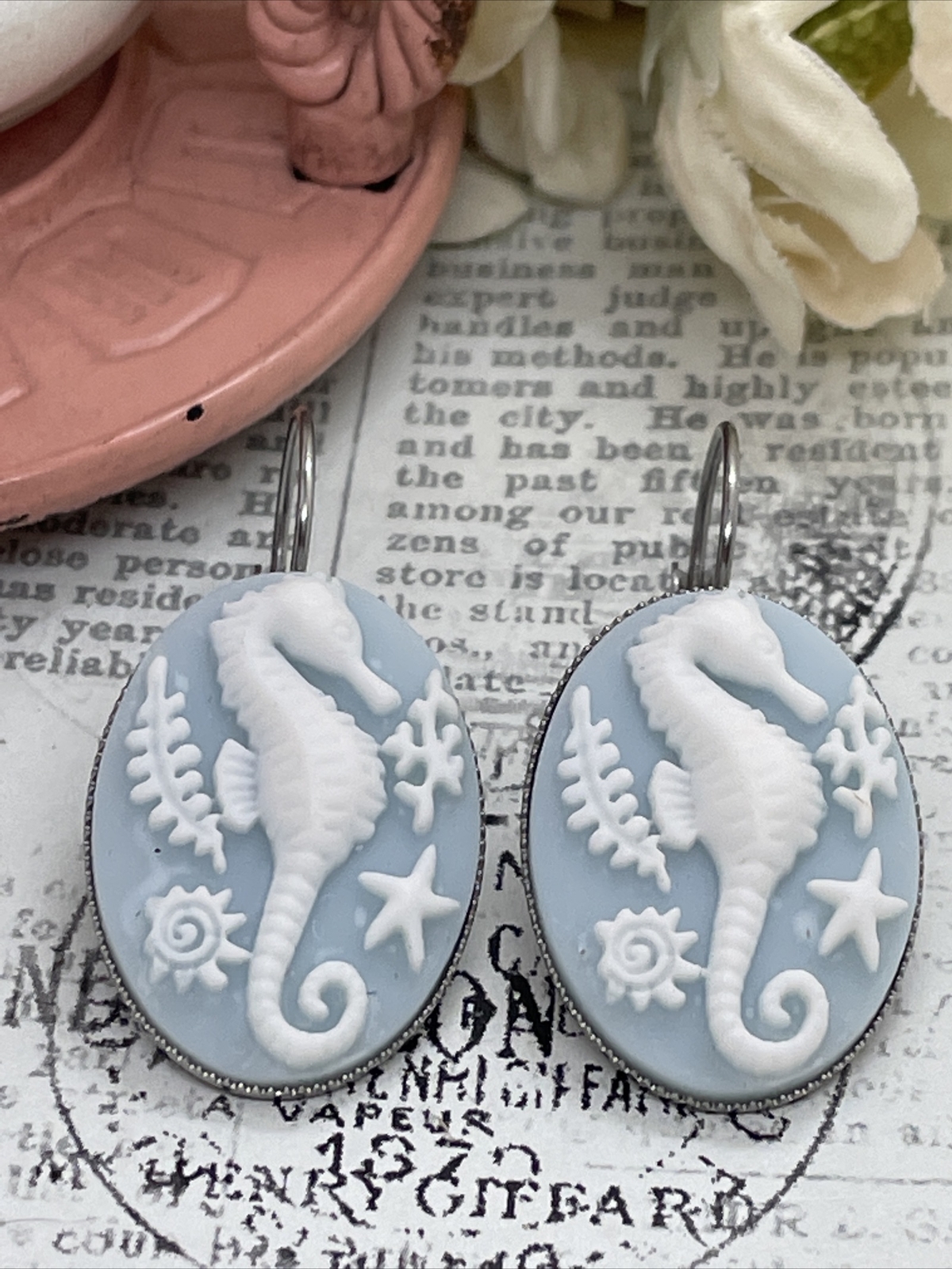Seahorse Blue Silver Wedding Gift Anniversary Earrings Cameo Birthday Sea Life