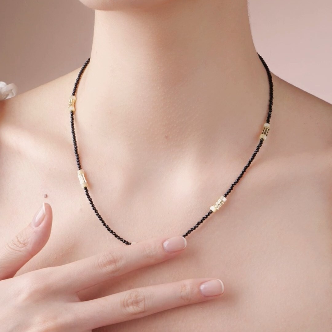 Gold black small stone cats eye handmade chain necklace 40 to 45.5 cm
