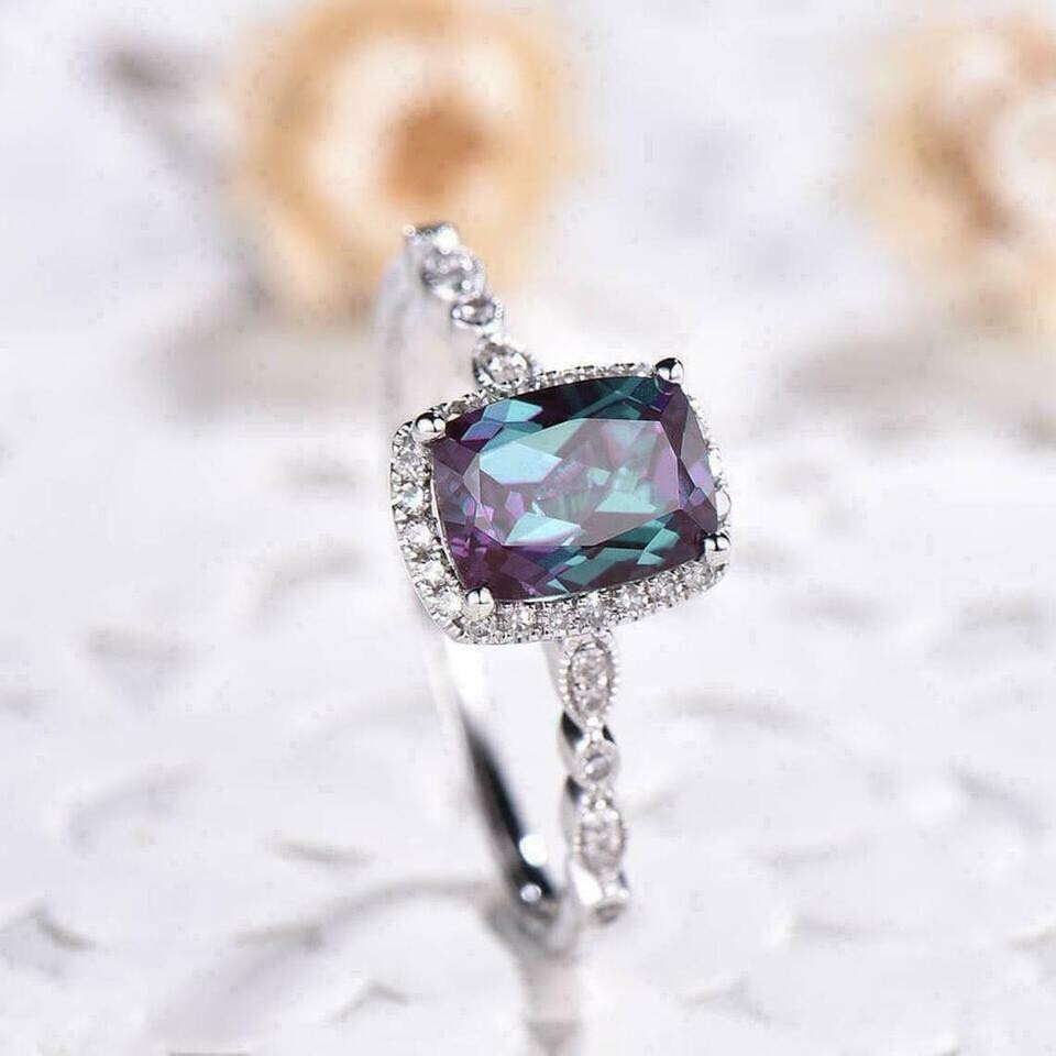 2Ct Cushion Cut Alexandrite Halo Women’s Engagement Ring 14K White Gold Finish