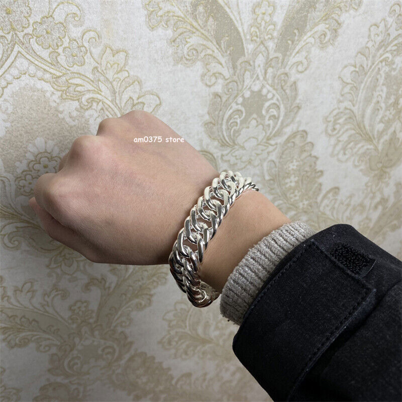 Real 999 Pure Silver Bracelet Women Men 7mm/8mm/10mm Cuban Curb Link Chain