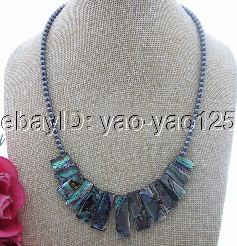 Ntural Paua Abalone Shell Hematite Necklace 18″ free shipping