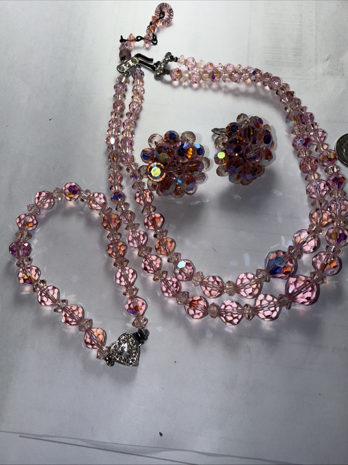 Necklace Bracelet Earrings Set Pink AB Crystal Vintage Marriage?