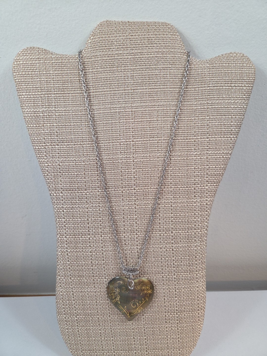 Abalone Shell Large Heart Gold Gilded Swirl Flowers Statement Pendant Necklace