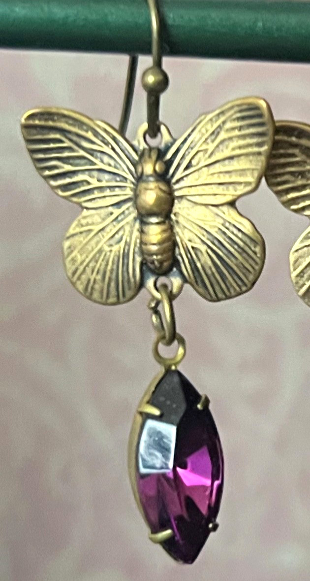 Butterfly Earrings Art Nouveau Vintage Amethyst Rhinestone Glass Drops