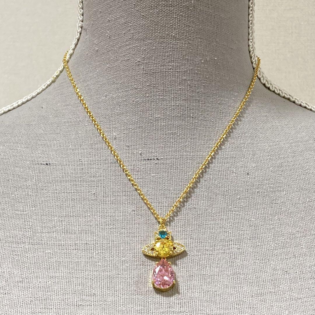 Vivienne Westwood Necklace Rhinestone Drop Multicolor Pink w/drawstring
