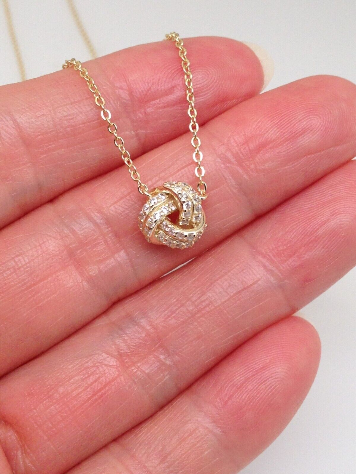 925 Sterling Silver CZ Gold Love Knot Pendant Necklace Women 8mm 15.75-17.75″