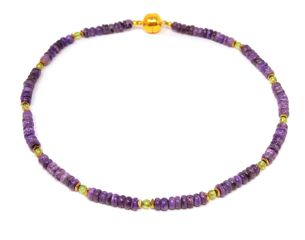 High Quality Charoite Gemstone Necklace with Pyrite and Peridot Spacer Beads