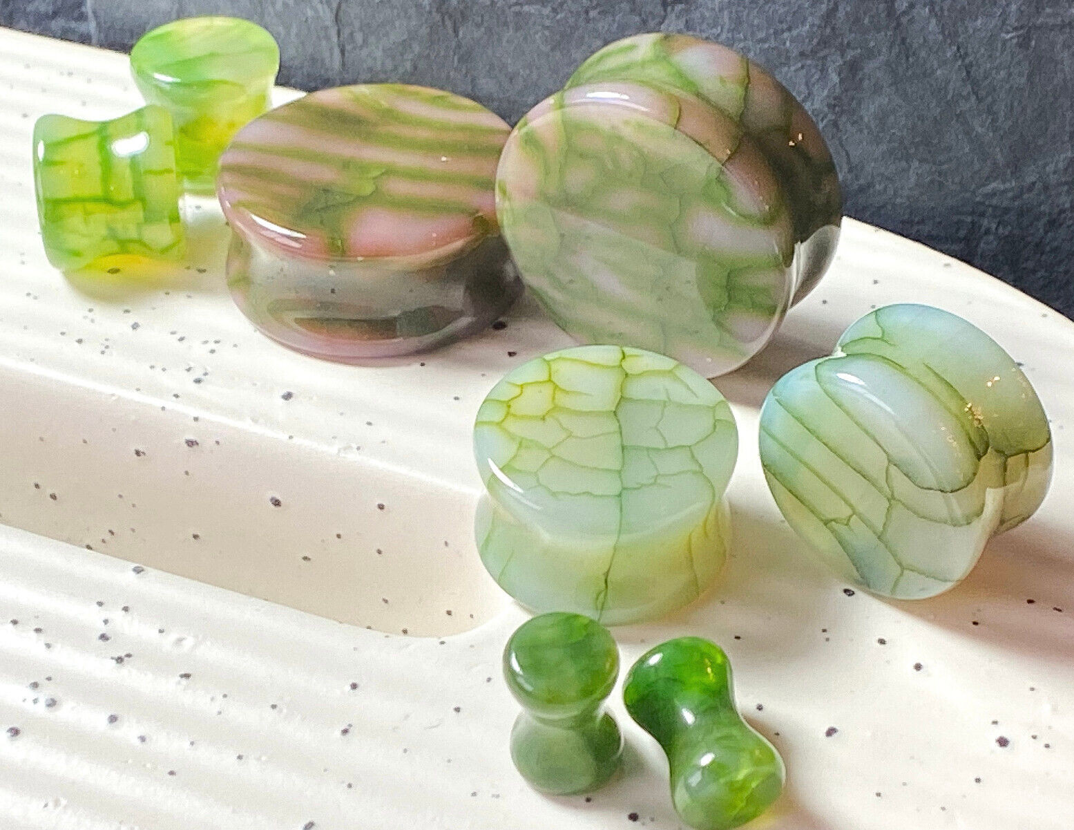 PAIR Green Dragons Vein Agate Stone Double Flare Plugs Organic Earlets Gauges