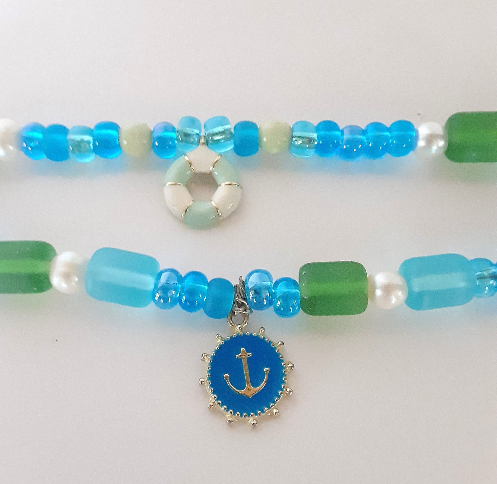 Handmade Sister Friends Sea Glass Nautical Charm Beaded Ankle Bracelet Set