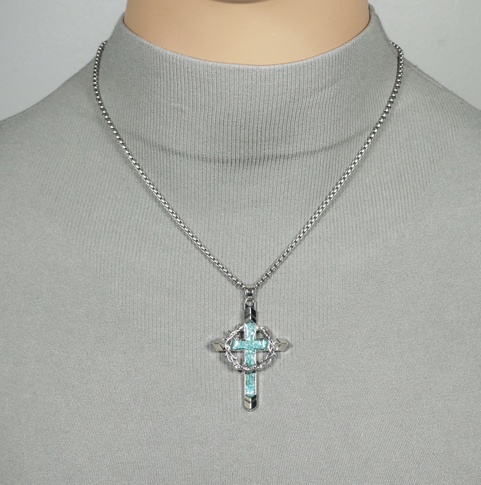 Silver Cross & Crown of Thorns Pendant Turquoise Inlay, Stainless Steel Chain
