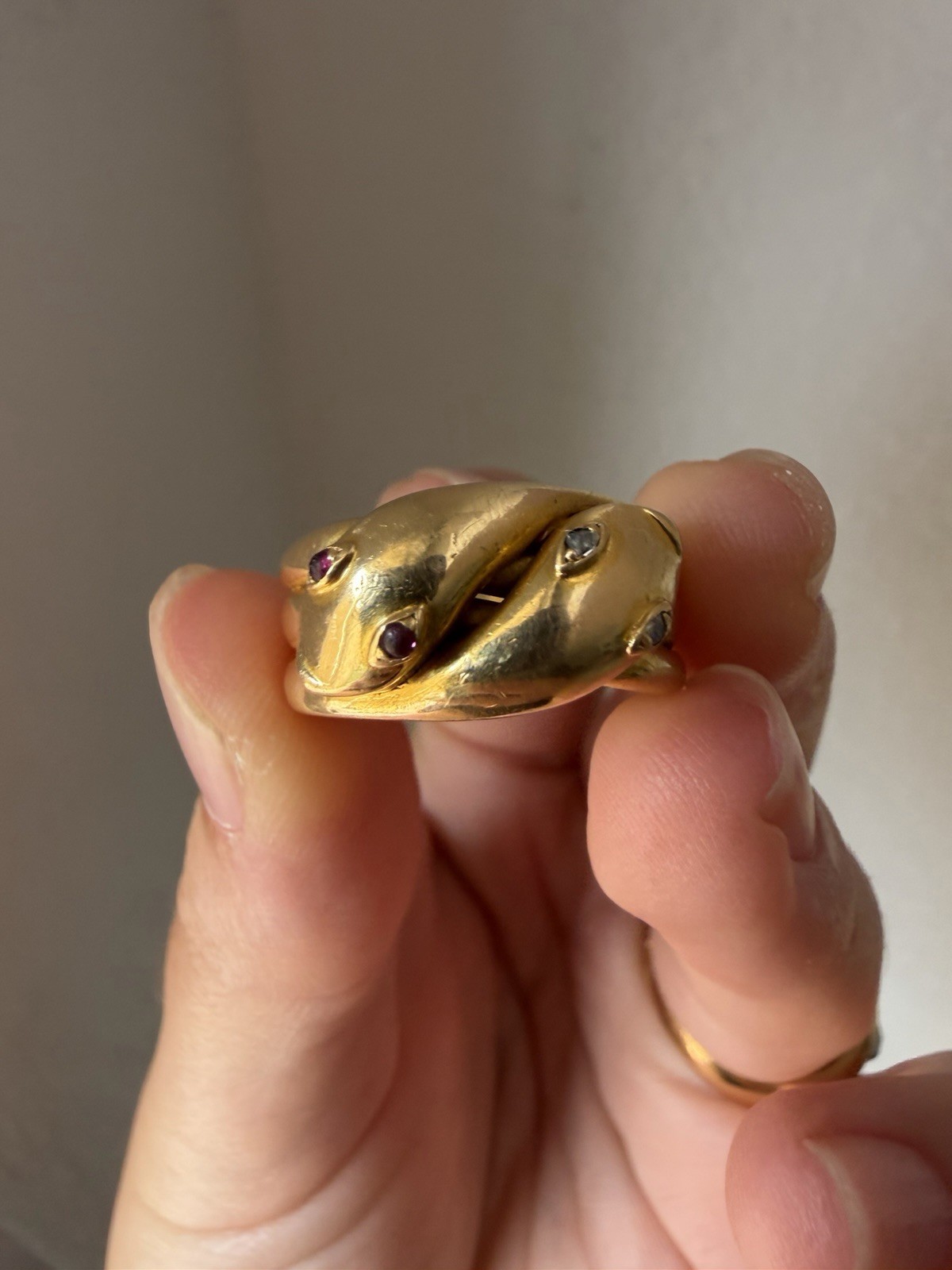 Antique Rare Victorian 18K Yellow Gold Diamond & Ruby Snake Ring
