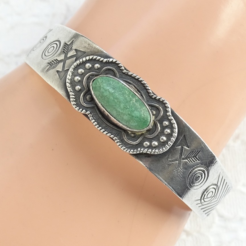 Fred Harvey Era Native American 5 1/4” Turquoise Cuff Bracelet Stamp Decorated