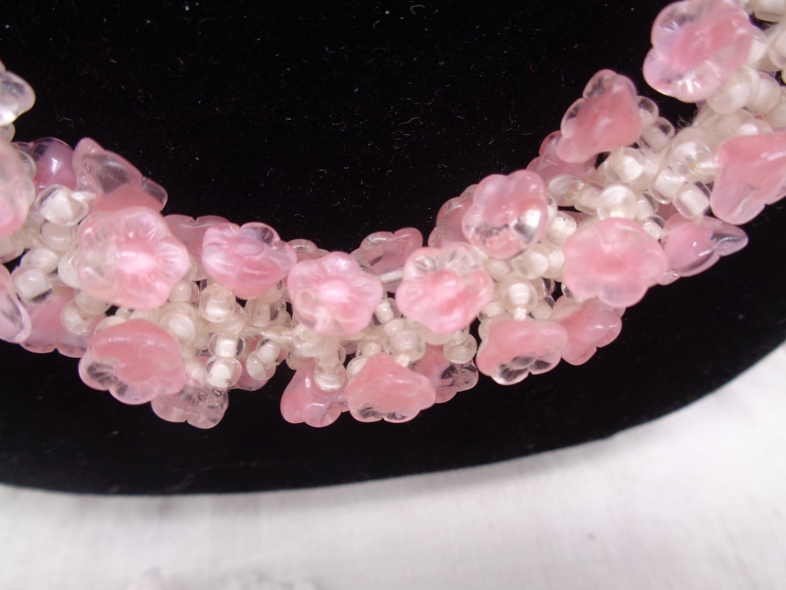 Vintage WESTERN GERMANY Pink MOLDED GLASS Flower Bead NECKLACE