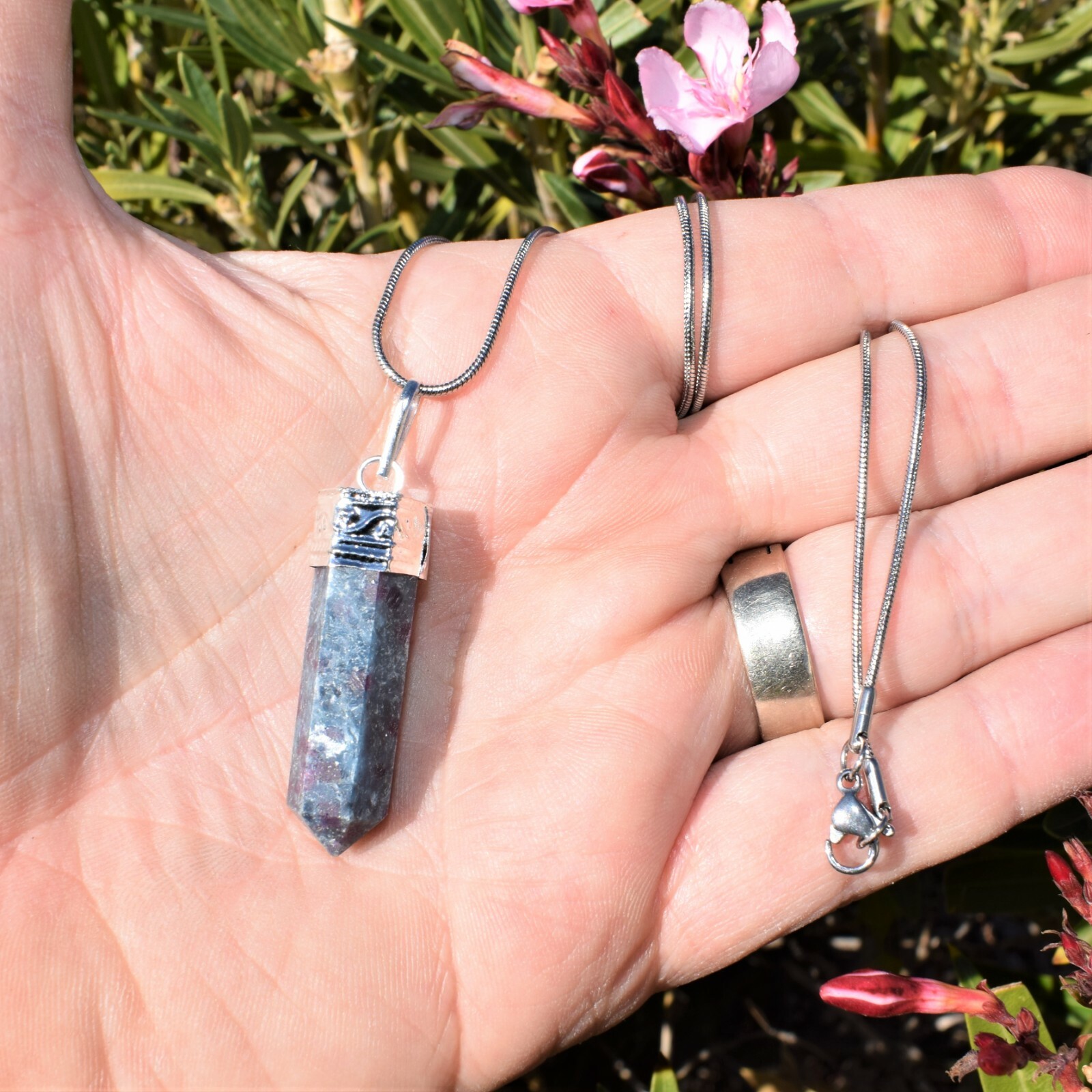 CHARGED Himalayan Blue Kyanite / Ruby Point Pendant + 20″ Stainless Steel Chain