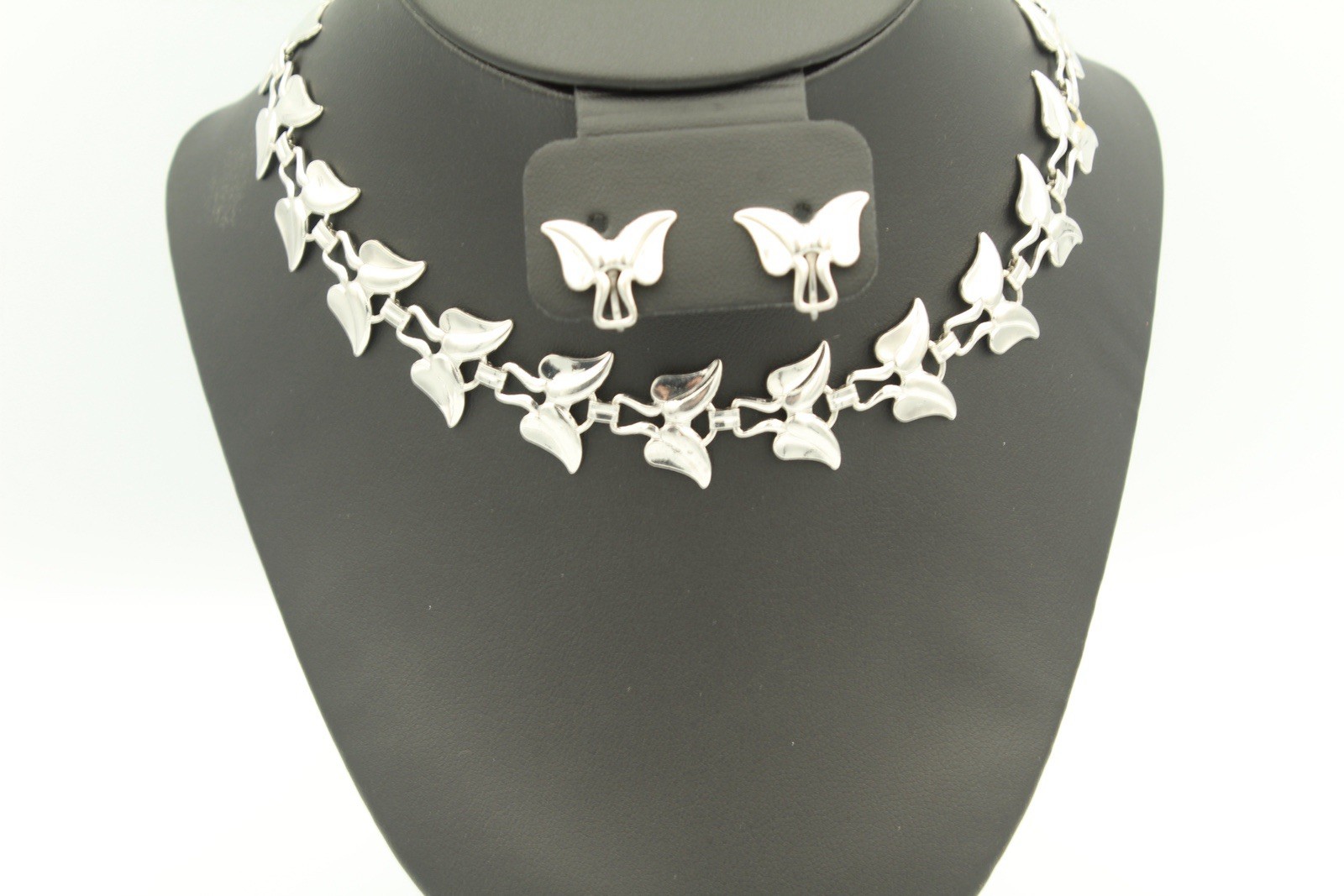Vintage Sterling Silver Leaf Link Necklace & Matching Earring Set — Mid-Century