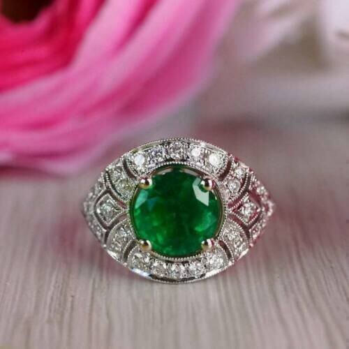 2.30Ct Round Cut Lab Created Emerald Wedding Ring 14K White Gold Plated
