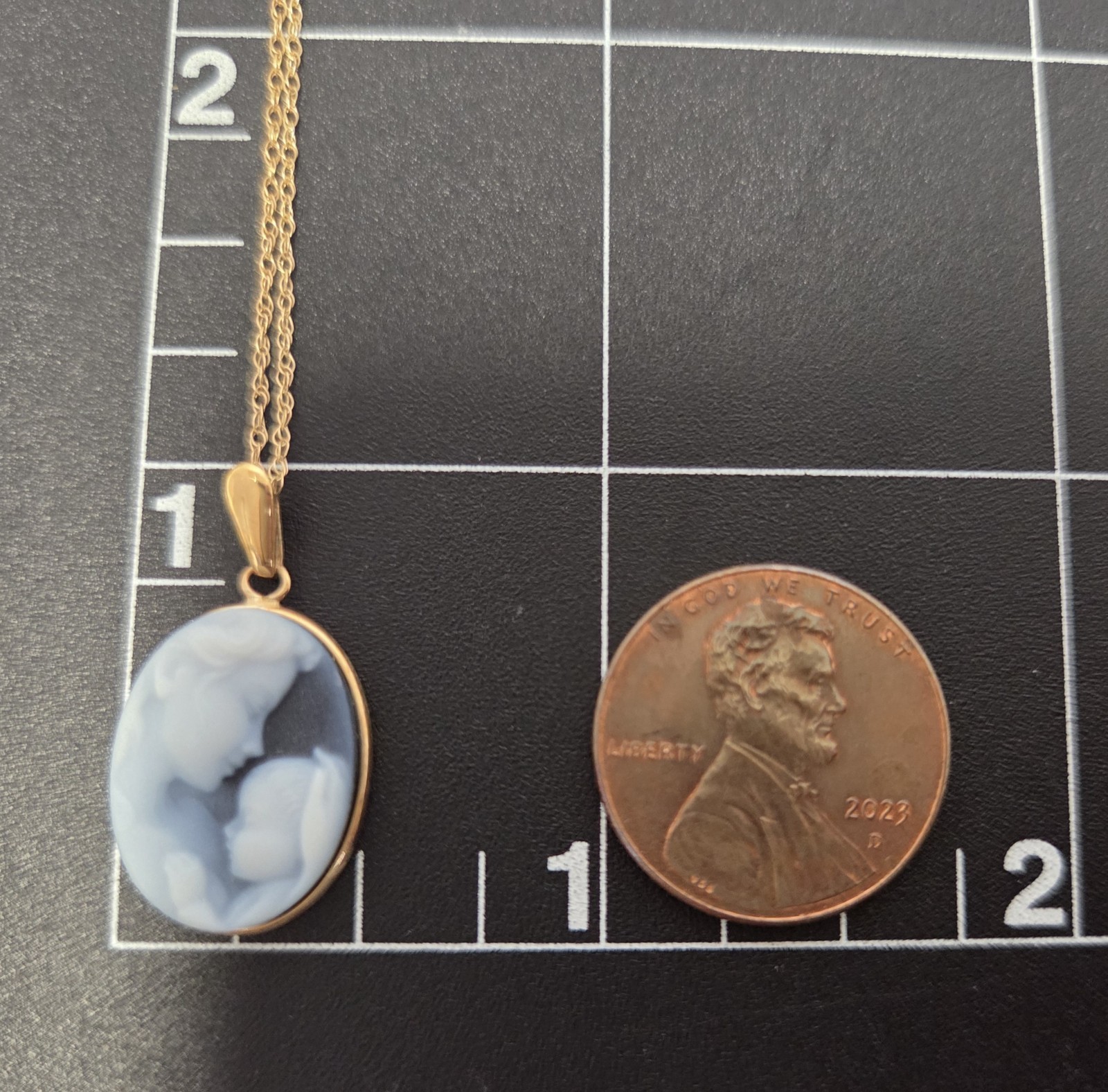 10k Gold Mother Child Blue Oval Cameo Pendant 18″ Necklace Heaven’s Gift Baby