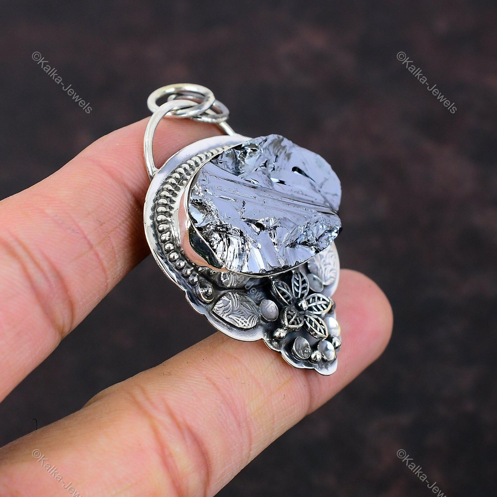 Shungite Rough Gemstone Pendant 925 Sterling Silver Flower Handmade Boho Jewelry