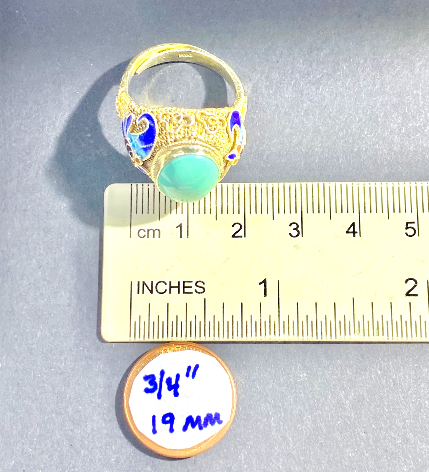 Vintage Chinese Export Silver Vermeil Turquoise & Enamel Adjustable Sized Ring