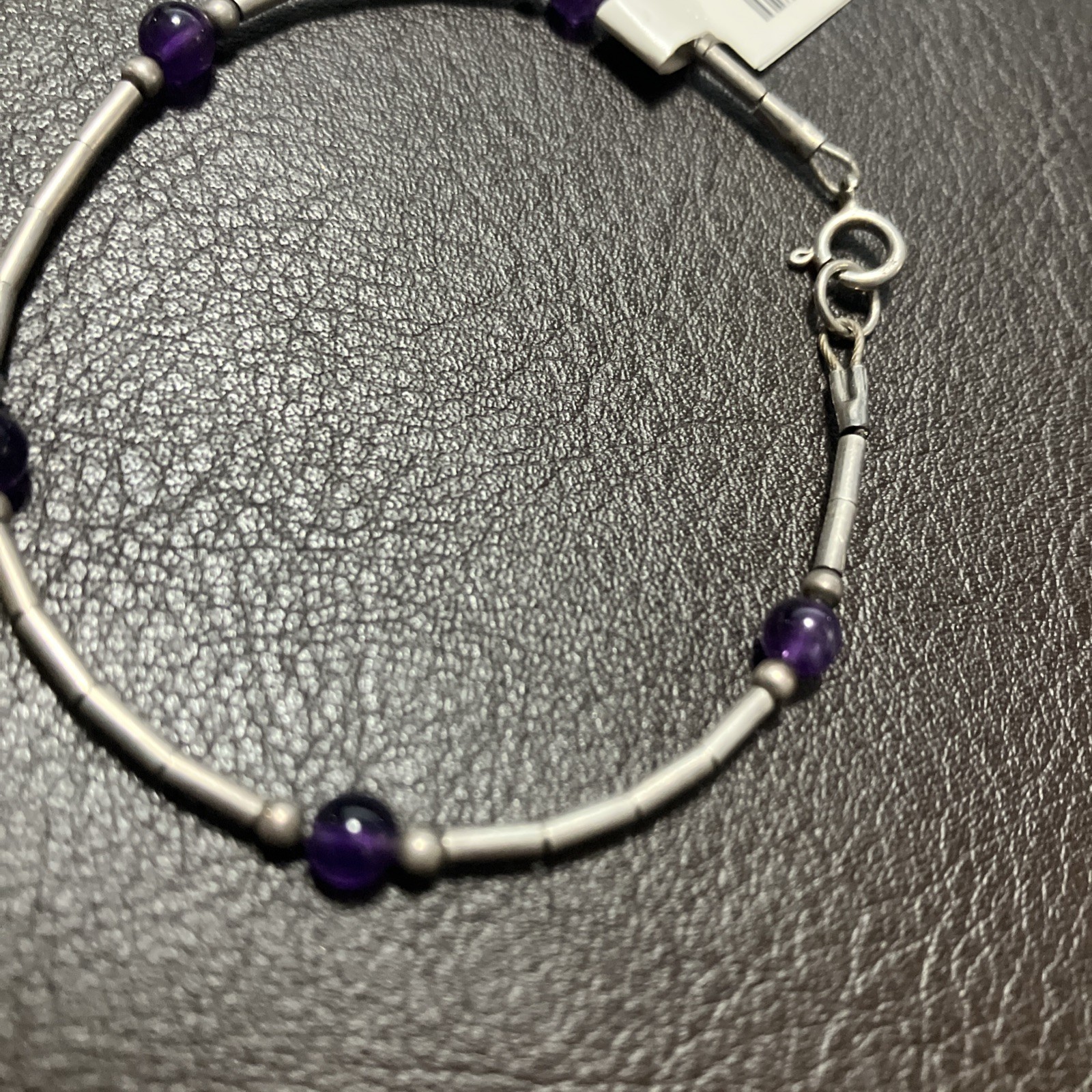 925 Sterling Silver Bracelet 2.4 Grams With Purple Beads 6.5 Inches Pre Owned