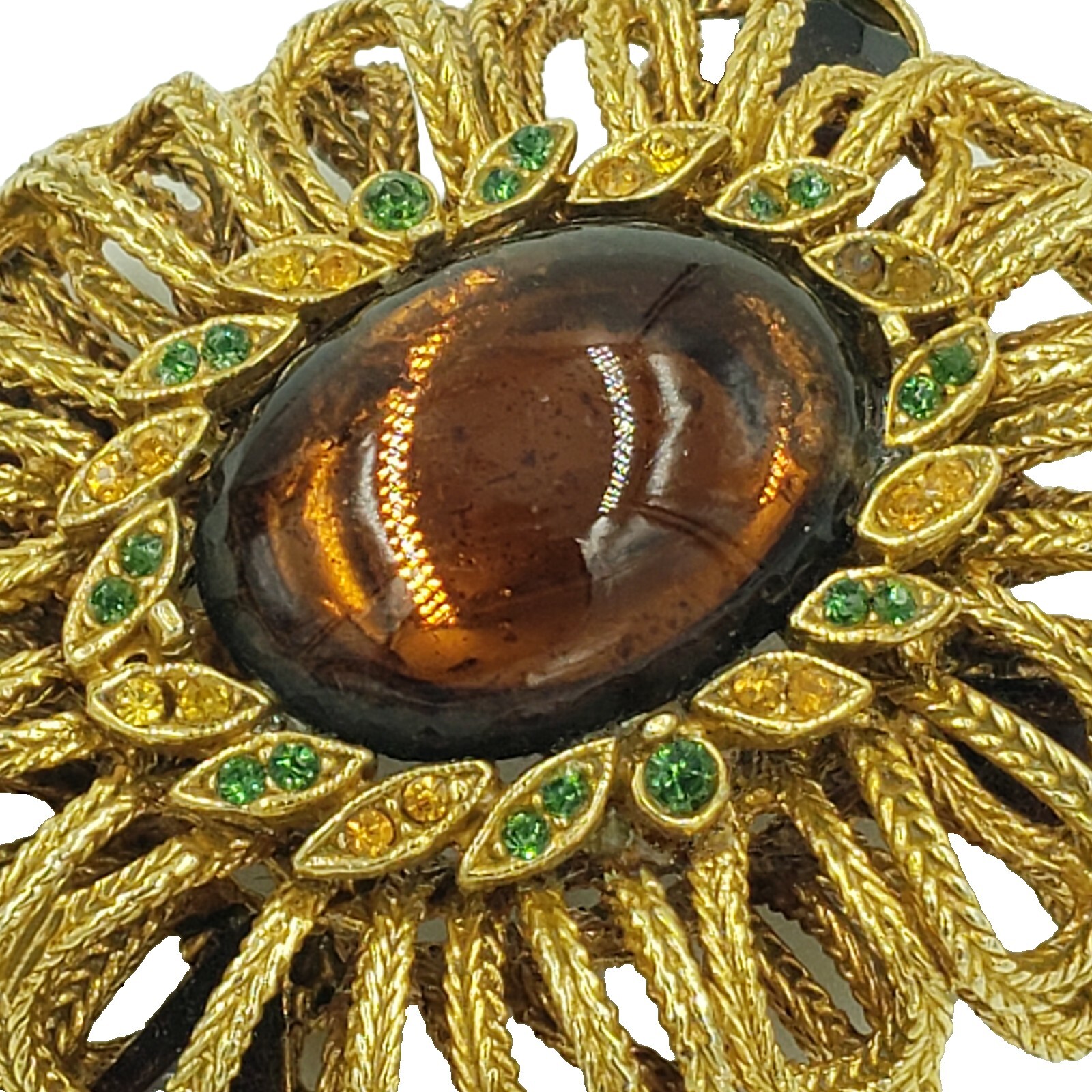 CAPRI Brooch Amber Cabochon Rhinestone Gold Tone Loop Signed Vintage