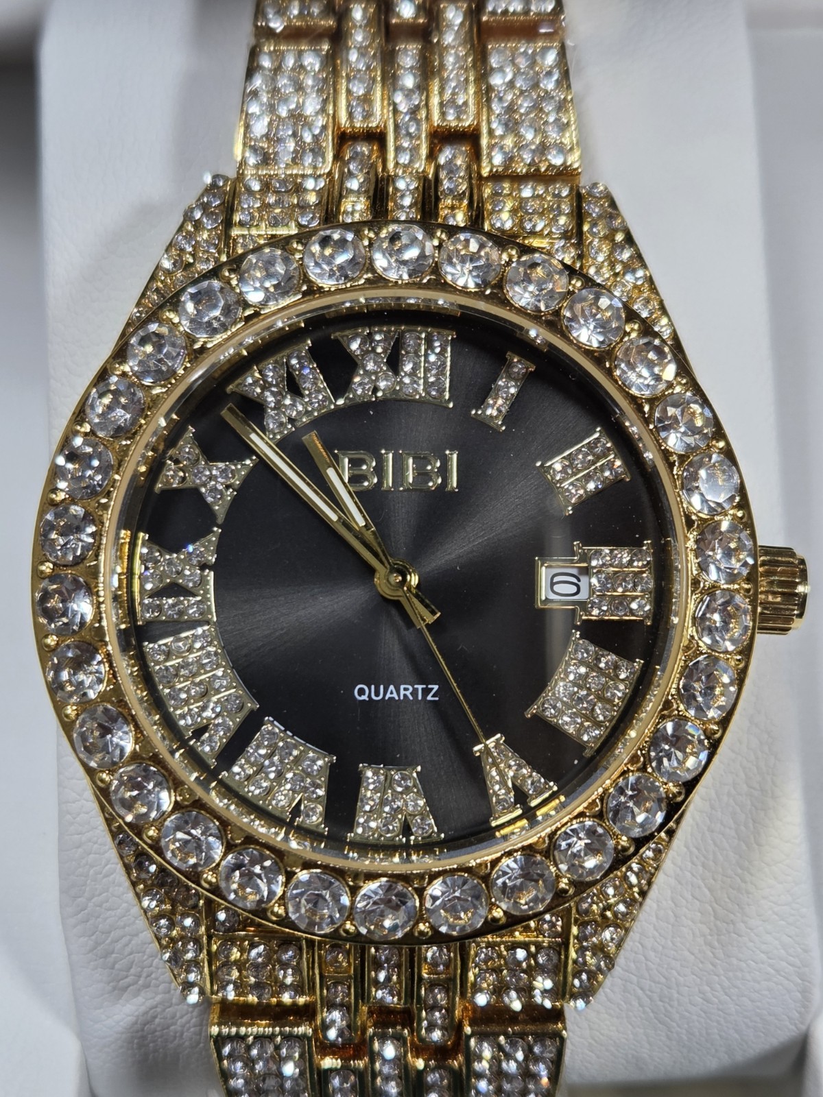 BIBI Luxury Watch B0081 Black Dial, Gold Tone Iced Out Crystals Case & Bracelet