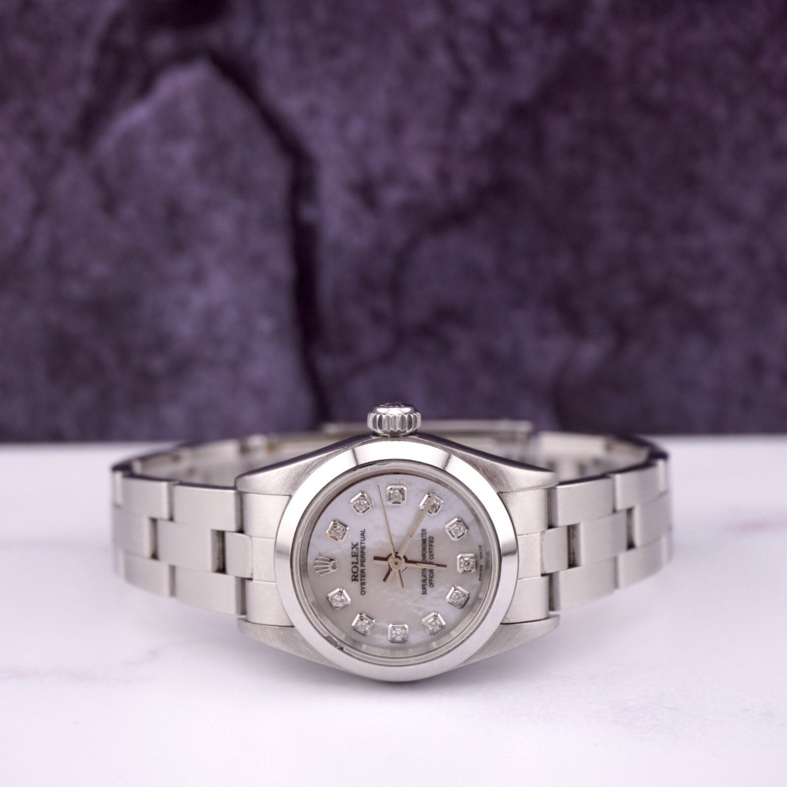 Rolex Oyster Perpetual 25mm Steel White MOP Diamond Smooth Oyster Ladies Watch