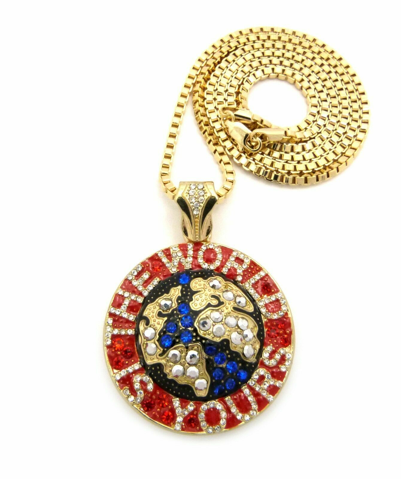 Gold PT THE WORLD IS YOURS Bling Pendant & 2mm 24″ Box Chain Hip Hop Necklace