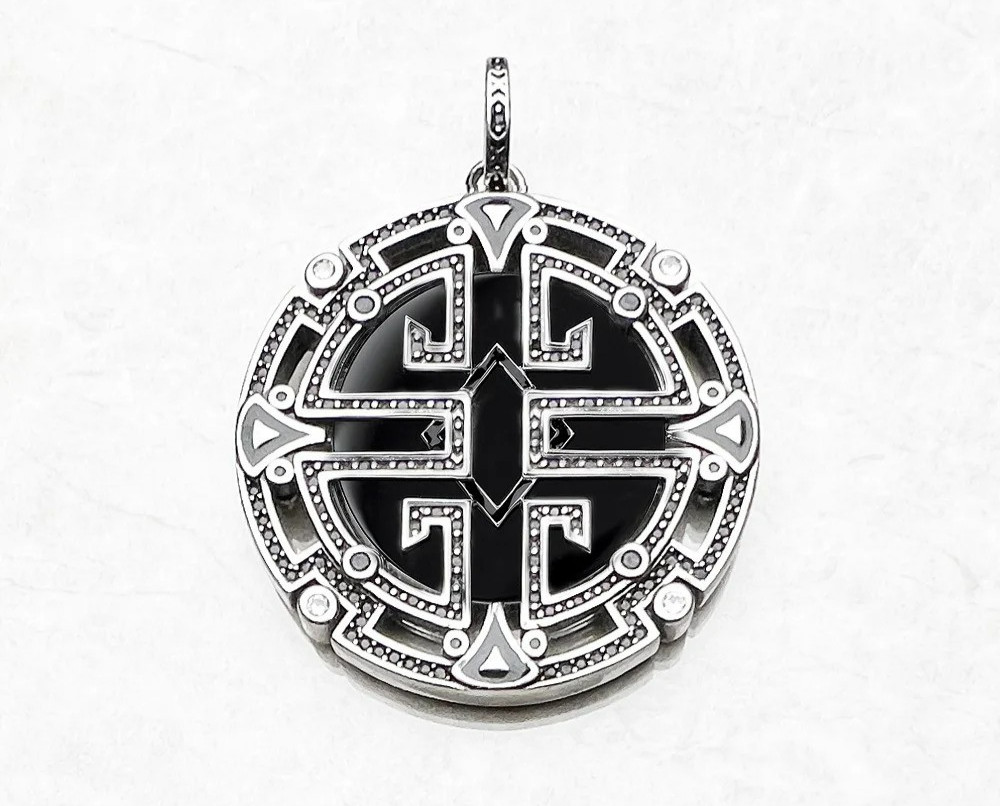 Mandala Maze Black Onyx Amulet CZ Pendant 925 Sterling Silver 1.5 inch Long