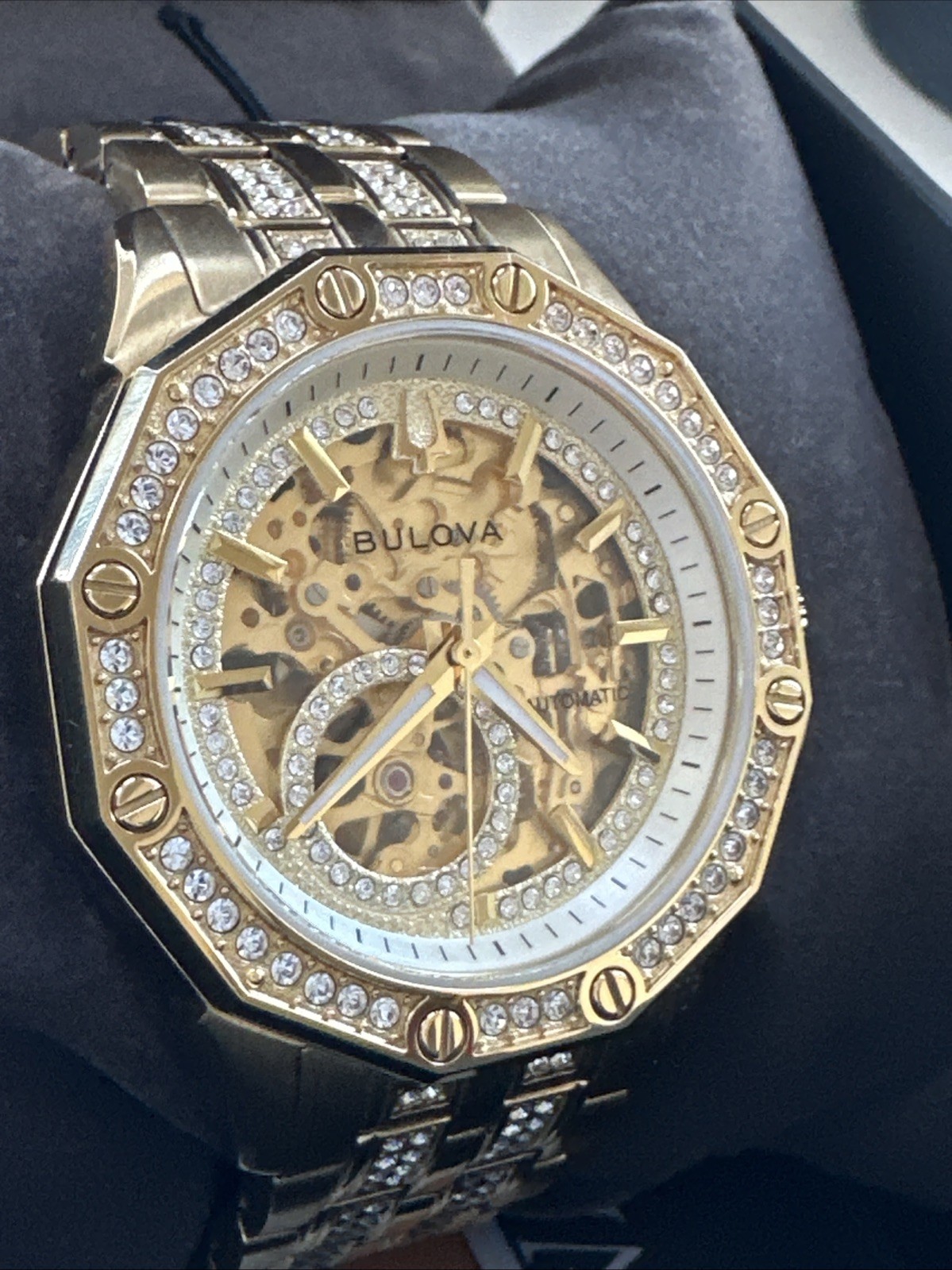 Bulova Men’s Crystal Automatic Skeleton Gold Stainless Steel Watch 42 MM 98A292