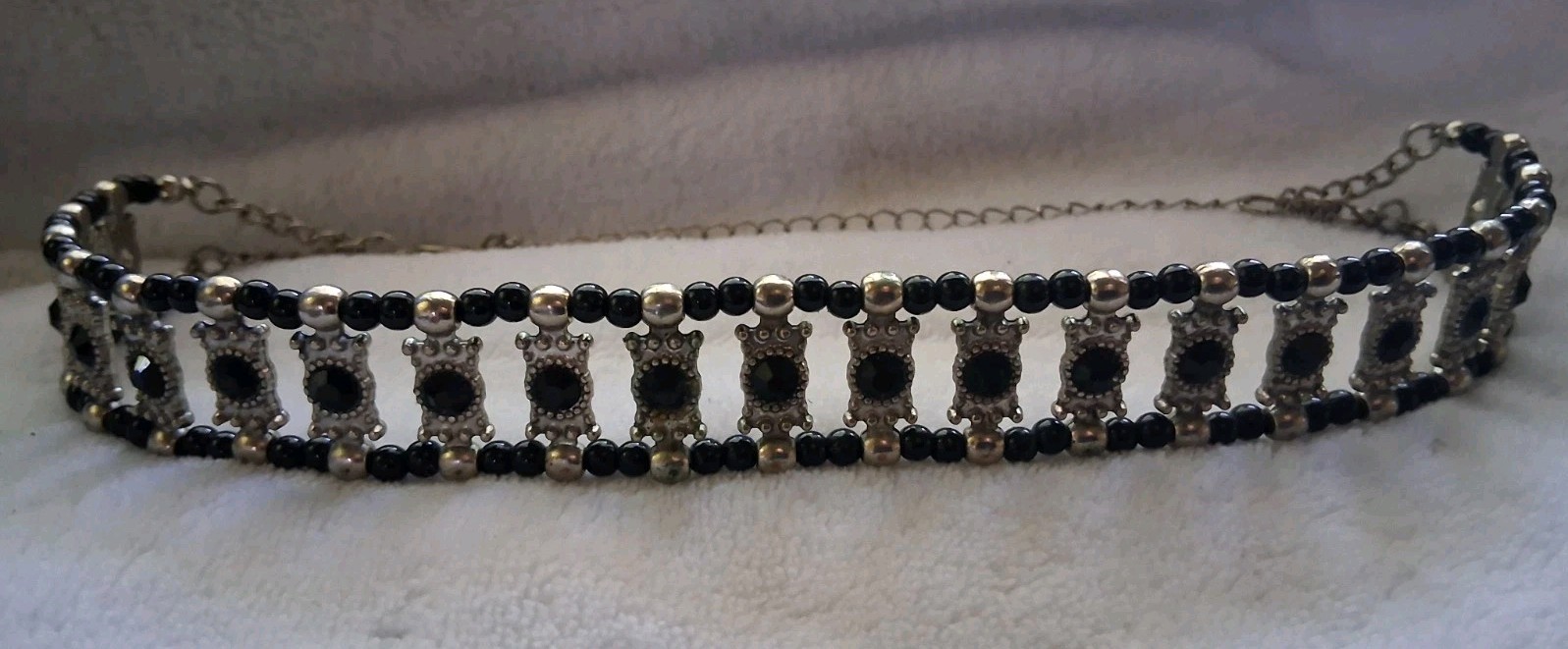 Vtg Gothic Black Beaded Panel Choker Necklace Silver Tone Victorian Rhinestone